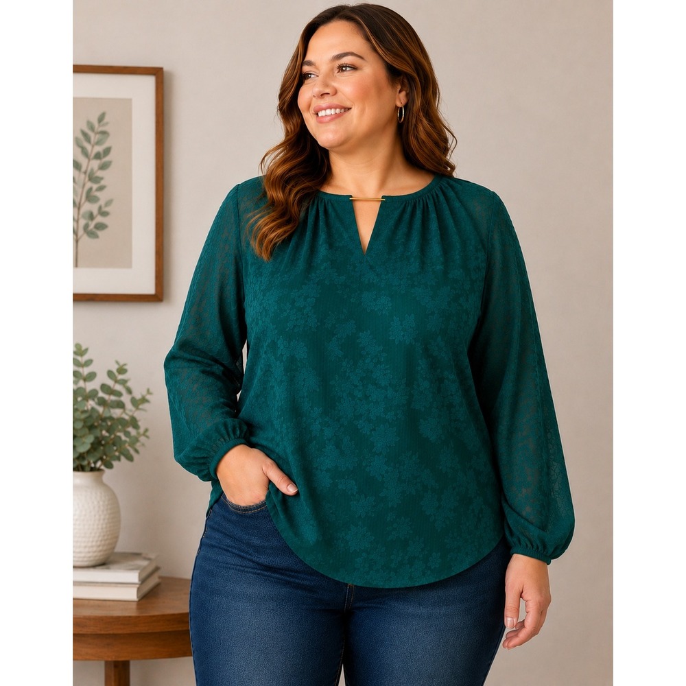 Liz Claiborne Women's Large Emerald Burnout Floral Textured Blouse Long Sleeve
